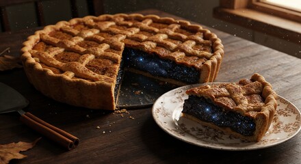 A freshly baked pie with a slice removed revealing a cosmic galaxy filling, presented on a rustic wooden table with a decorative plate and cinnamon sticks.