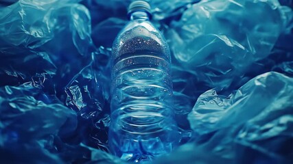 Blue plastic bottle surrounded by plastic wrap, condensation present - Powered by Adobe