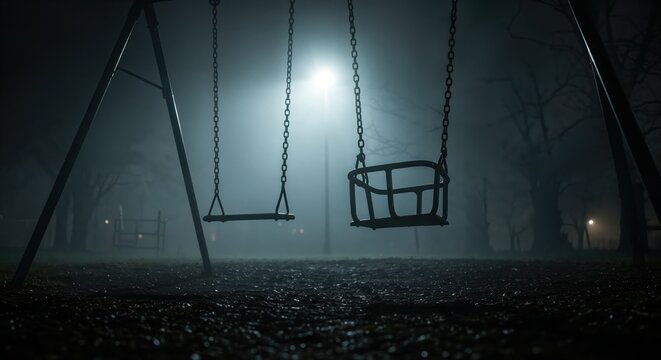 A gloomy swing set stands empty in a foggy park at night, illuminated by a distant street light, creating a mysterious and melancholic atmosphere.