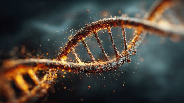 Golden dna molecule with glowing particles on dark background. Genetic science and biotechnology. Modern medicine and biology research concept with copy space - Powered by Adobe