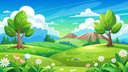 Obraz premium very beautiful Cartoon landscape with green grassy hill, scattered trees, white flowers and blue sky with clouds representing summer nature scene and outdoor environment