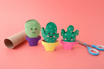 DIY cactus decor made from recycled cardboard tubes and markers, great for eco brands, creative learning tools, home activity books, and art supply promotions