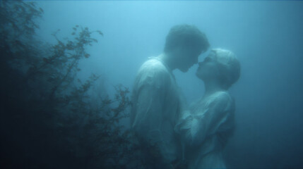 Couple in romantic underwater scene with dreamy blue atmosphere. Artistic love story concept. Fantasy engagement and wedding image for greeting card design and valentine collection