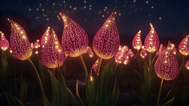 Glowing Purple Flowers Night Scene Fantasy Field - Powered by Adobe