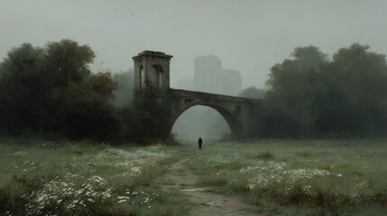 Ancient stone bridge in misty field with lonely person silhouette. Gothic architecture in foggy morning. Dark moody landscape for horror or mystery book cover concept