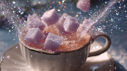 Enchanted sugar cubes dissolving into sparkles in teacup. Magical transformation