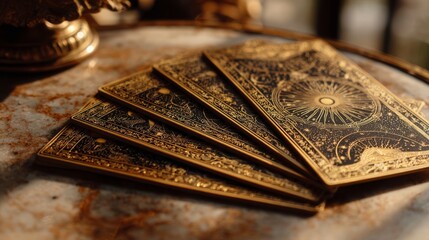 Fototapeta premium Ornate tarot cards fanned out with golden edges in mystical cafe