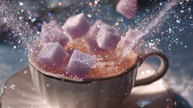 Enchanted sugar cubes dissolving into sparkles in teacup. Magical transformation - Powered by Adobe