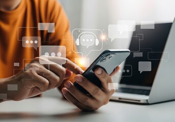 A young adult male engages with his smartphone, surrounded by floating chat bubbles, conveying connectivity and communication.