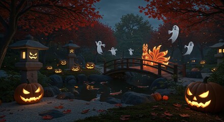 A mystical Halloween night scene in a Japanese garden features glowing jack-o'-lanterns, whimsical ghosts, a radiant nine-tailed fox, and vibrant autumn foliage.