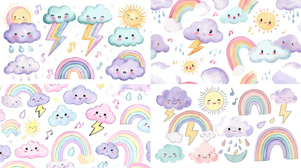 Adorable cartoon illustration set of clouds, rainbows, sun, raindrops, and lightning. Perfect for kids’ designs, weather icons, and playful patterns.