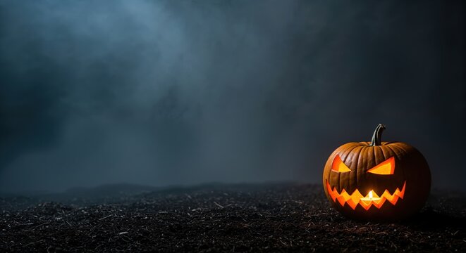 A single glowing jack-o'-lantern with intricately carved features illuminates dark, smoky ground, creating a spooky atmosphere with ample copy space for text. - Powered by Adobe