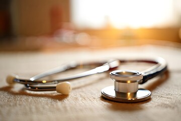 Close-up of a medical stethoscope on a textured surface bathed in warm light