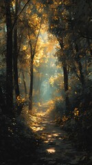 A narrow late-summer forest path with golden leaves, one side in shadow, the other illuminated by warm light, symbolizing trials and hope, ethereal atmosphere