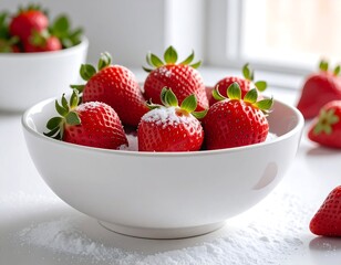 Fresh strawberries in a bowl, dusted with sugar