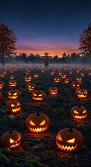 A sprawling field of illuminated Jack-o'-lanterns and a scarecrow at twilight, with a starry blue and orange sky overhead, evoking a festive Halloween night.
