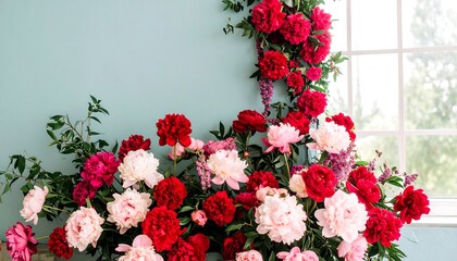 A vibrant floral arrangement, featuring a mix of deep reds, soft pinks, and whites, cascading against a light teal background.