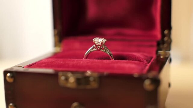 Close up shot of a diamond ring in a dark wooden box with a red velvet interior