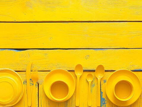 Vibrant Yellow Table Setting with Plates, Cutlery, and Wooden Background