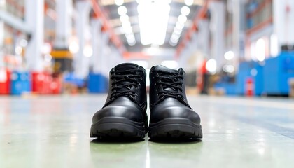 Two black safety boots rest on a factory floor, highlighting industrial workwear.