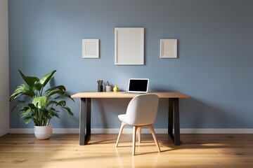 Modern home office setup with a wooden desk comfortable chair laptop and potted plant against a blue wall
