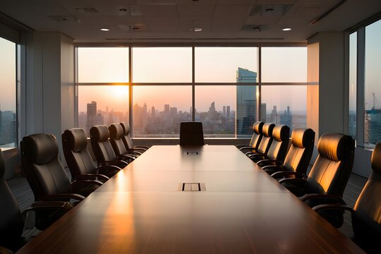 Modern empty conference room with large windows overlooking a city skyline at sunset