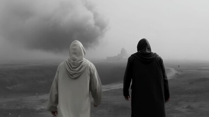 Two mysterious figures in dark and light robes on foggy road. Eerie landscape with smoke cloud. Apocalyptic scene concept for book cover or movie poster. Monochrome cinematic shot.