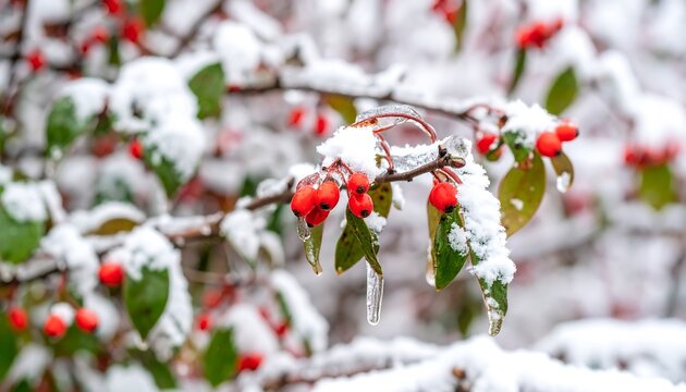 Close-up view of vibrant red berries covered in a fresh layer of snow, with icicles hanging from the branches of a wintry bush. - Powered by Adobe