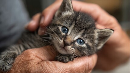 Volunteer hands gently holding tiny kitten paws during adoption process
