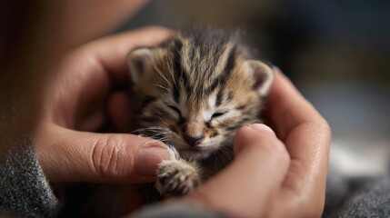 Volunteer hands gently holding tiny kitten paws during adoption process