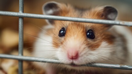 Obraz premium Hamster hopeful eyes gazing through shelter cage bars with adoption sign visible