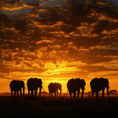 Fototapeta premium Elephant herd standing in the golden light of dawn, silhouettes against a warm-hued sky, atmospheric depth, ultra-realistic lighting, breathtaking composition 