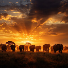 Fototapeta premium Elephant herd standing in the golden light of dawn, silhouettes against a warm-hued sky, atmospheric depth, ultra-realistic lighting, breathtaking composition 