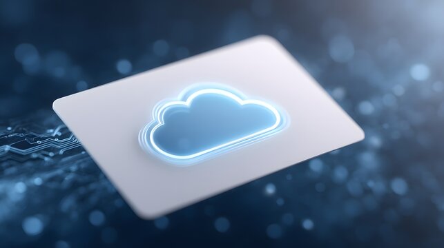 Luminous Blue Cloud Computing Icon on a White Microchip with Circuit Traces. - Powered by Adobe