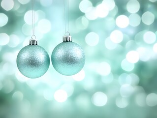Obraz premium Elegant Teal Glitter Christmas Ornaments Hanging Bokeh Background