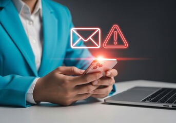 A professional man in a blue suit uses a smartphone, with digital alerts appearing around him, conveying urgency.