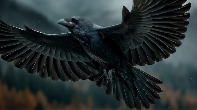 Raven in flight with spread wings against stormy sky. Dark gothic atmosphere. Mystical black bird symbol. Wildlife nature scene. Eerie omen concept for Halloween decoration.