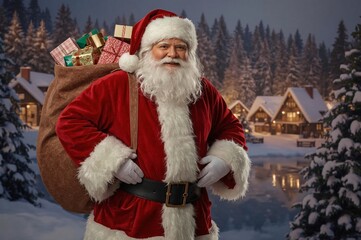 Smiling Santa carries gifts, snowy village backdrop, Christmas card