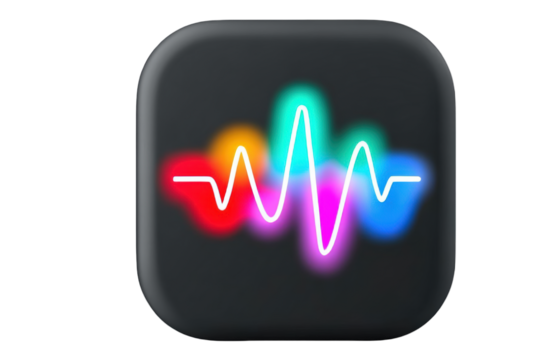 Sleek dark app icon with a glowing white soundwave over vibrant blurred neon colors.