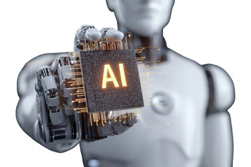 Futuristic white android holding a glowing AI processor chip with luminous data streams.