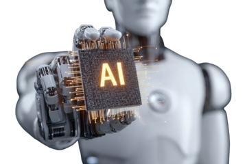 Futuristic white android holding a glowing AI processor chip with luminous data streams.