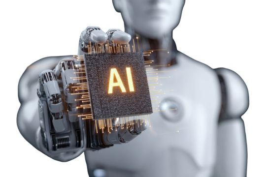 Futuristic white android holding a glowing AI processor chip with luminous data streams.