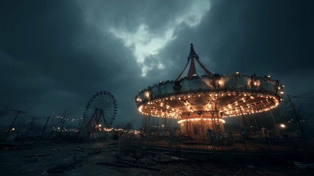 Eerie abandoned amusement park at night with illuminated carousel and ferris wheel. Spooky atmosphere, dark cloudy sky. Horror movie scene concept for Halloween.