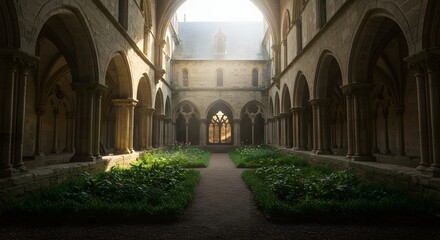 Fototapeta premium A medieval abbey with cloisters and a garden courtyard soft morning light