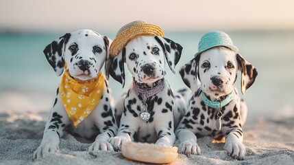 Three adorable Dalmatian puppies wearing colorful hats and a yellow bandana posing together.