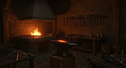A medieval blacksmith forge with anvil and tools fire glowing
