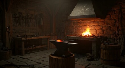 A medieval blacksmith forge with anvil and tools fire glowing