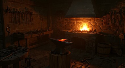 A medieval blacksmith forge with anvil and tools fire glowing