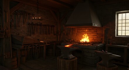 A medieval blacksmith's shop with forge and hammers fire crackling