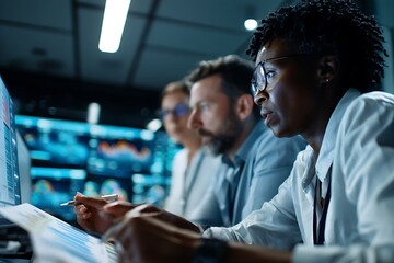 Analyzing Data: A team of focused professionals, meticulously reviewing data and analytics on their monitors within a futuristic, high-tech workspace.